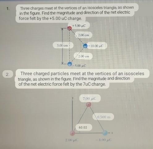 Three charges meet at the vertices of an isosceles triangle, as shown in the figure. Find the magnitude and direction of the