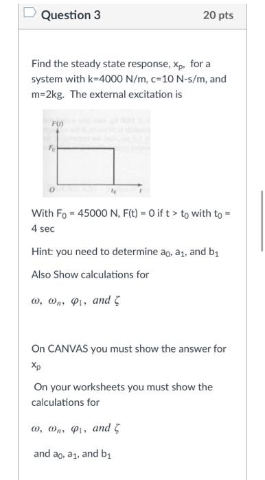 Solved Question 3 20 pts Find the steady state response, Xp, | Chegg.com