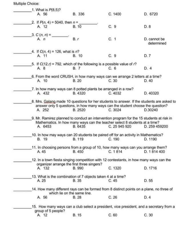 B Multiple Choice 1 What Is P 8 5 A 56 B 33 Chegg Com