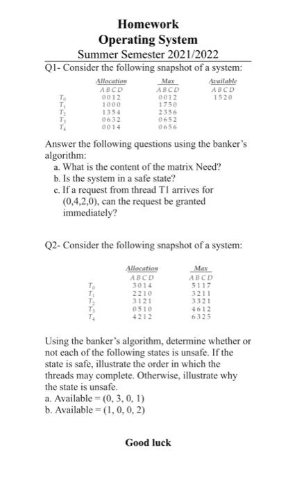 Solved Answer The Following Questions Using The Banker's | Chegg.com