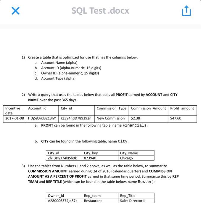 Solved Х SQL Test .docx 1) Create a table that is optimized | Chegg.com