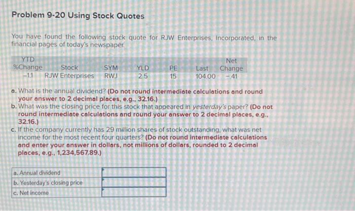 Solved Problem 9-20 Using Stock Quotes You Have Found The | Chegg.com