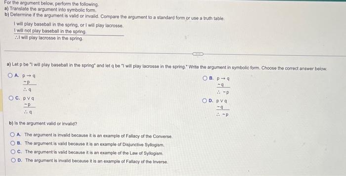 Solved For The Argument Below, Perform The Following. A) | Chegg.com