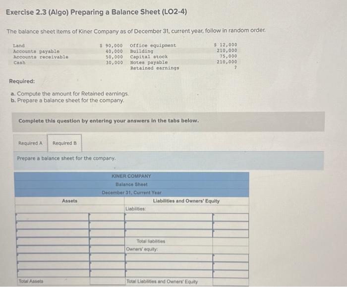 Solved Exercise 2.3 (Algo) Preparing a Balance Sheet (LO24)