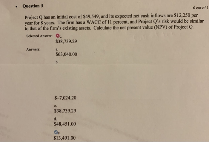 Solved . Question 3 0 out of 1 Project Q has an initial cost | Chegg.com