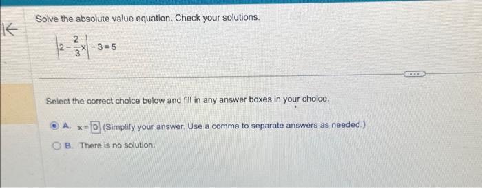 Solved Solve the absolute value equation. Check your | Chegg.com