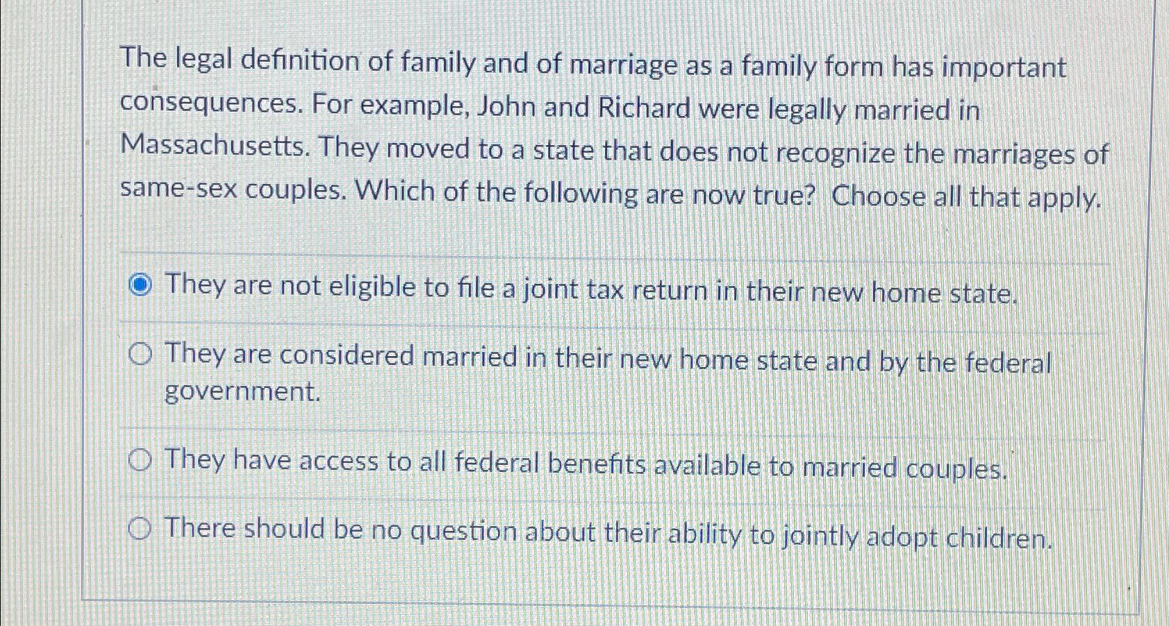 Solved The legal definition of family and of marriage as a | Chegg.com