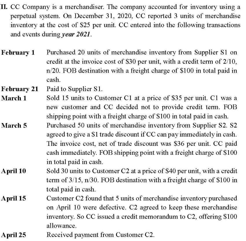 II. CC Company is a merchandiser. The company