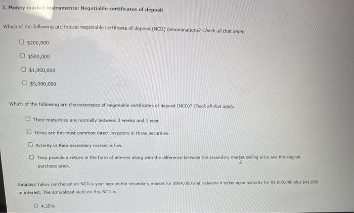 Solved 3 Money market instruments: Negotiable certificates Chegg com