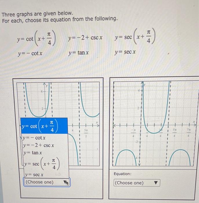 Three graphs are given below. For each, choose its equation from the following. \[ \begin{array}{lll} y=\cot \left(x+\frac{\p