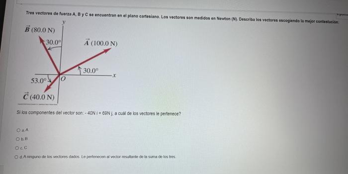 Tres vectores de fuerza A, B y C se encuentran en el plano cartesiano. Los vectores son medidos en Nowton (N). Deseriba los v