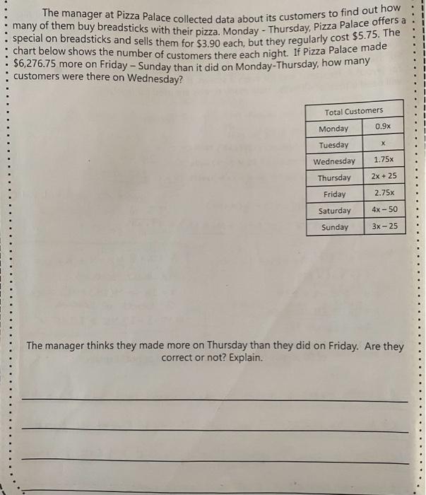 Solved The manager at Pizza Palace collected data about its | Chegg.com