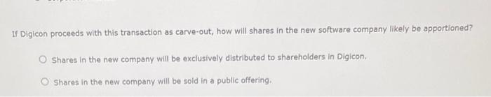 If Digicon proceeds with this transaction as carve-out, how will shares in the new software company likely be apportioned?
Sh