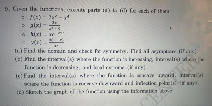 Solved 9. Given the functions, execute parts (a) to (d) for | Chegg.com