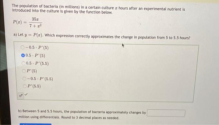 Solved The population of bacteria (in millions) in a certain | Chegg.com