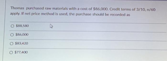 Solved Thomas Purchased Raw Materials With A Cost Of 86 Chegg Com