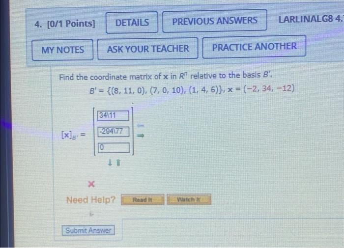 Solved Find the coordinate matrix of x in Rn relative to the | Chegg.com