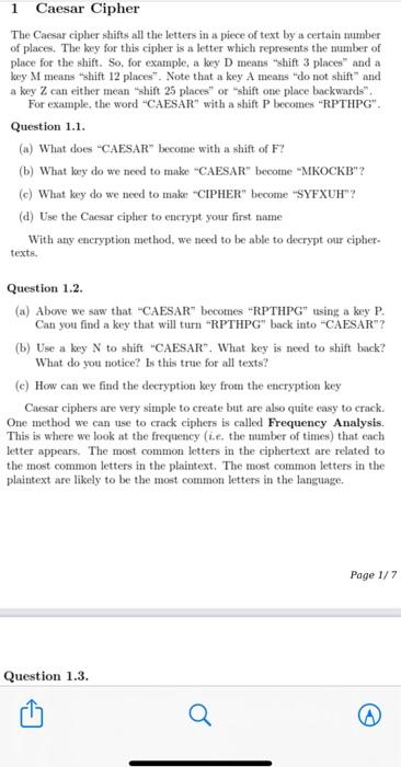 Solved 1 Caesar Cipher The Caesar cipher shifts all the | Chegg.com