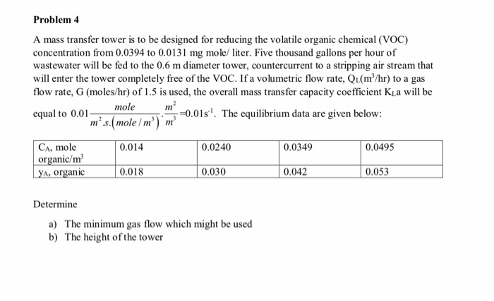 Solved Problem 4 A mass transfer tower is to be designed for | Chegg.com