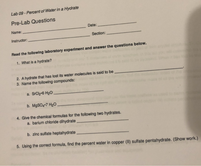 Solved Lab 09 Percent of Water in a Hydrate PreLab