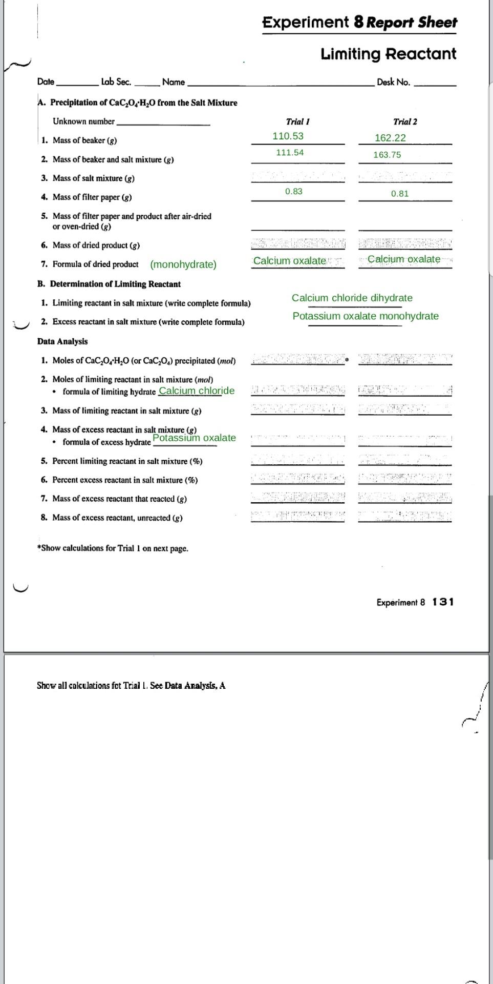 Experiment 8 Report Sheet Limiting Reactant Date Lab | Chegg.com