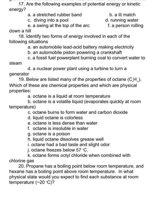Solved 17. Are the following examples of potential energy or