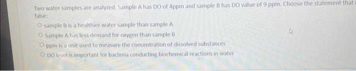 Solved Two water samples are analyzed. Sample A has DO of | Chegg.com