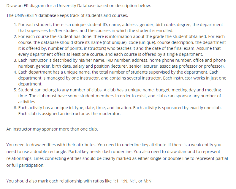 Solved Draw an ER diagram for a University Database based on | Chegg.com