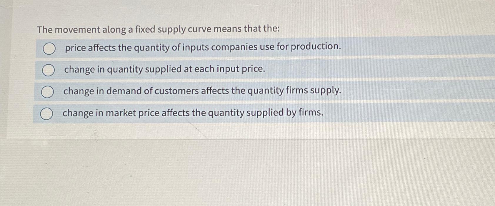 Solved The movement along a fixed supply curve means that | Chegg.com