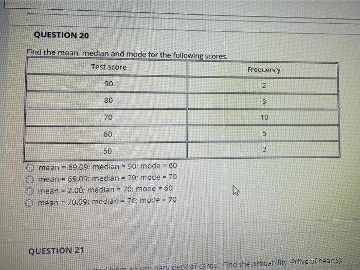 Solved QUESTION 20 Find the mean, median and mode for the | Chegg.com