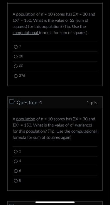 Solved A population of n=10 scores has ΣX=30 and ΣX2=150. | Chegg.com