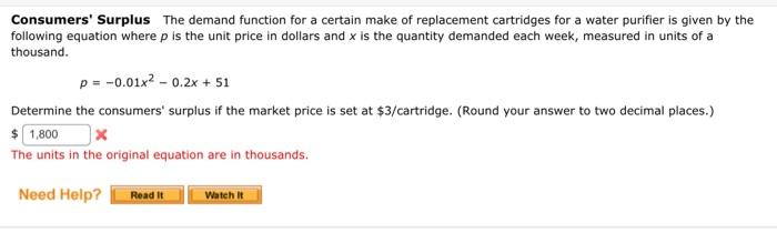 Solved Consumers Surplus The Demand Function For A Certain Chegg