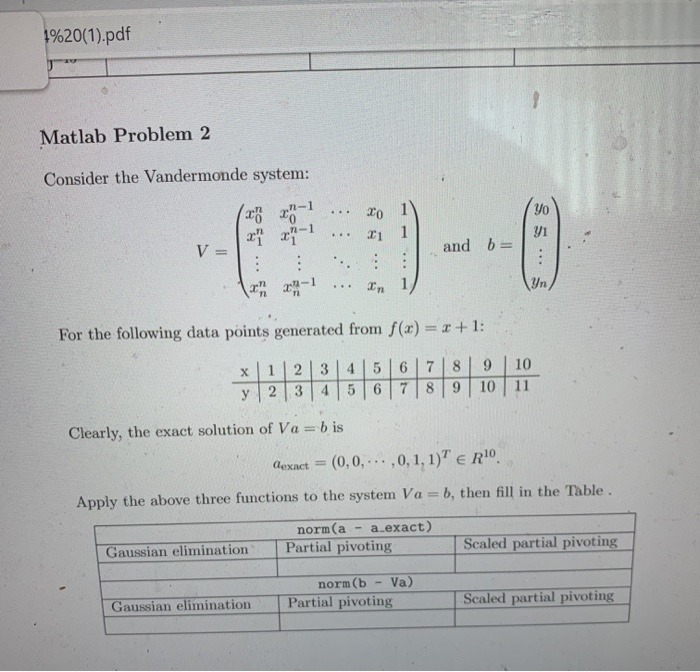 Solved 1 20 1 Pdf Matlab Problem 2 Consider The Vandermonde