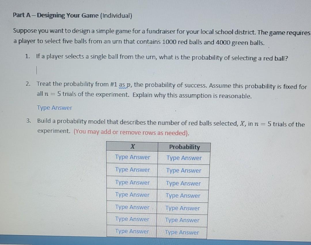 Solved Part A-Designing Your Game (Individual) Suppose you | Chegg.com