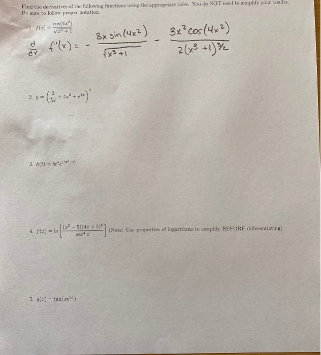 Solved Find the derivatives of the following functions using | Chegg.com