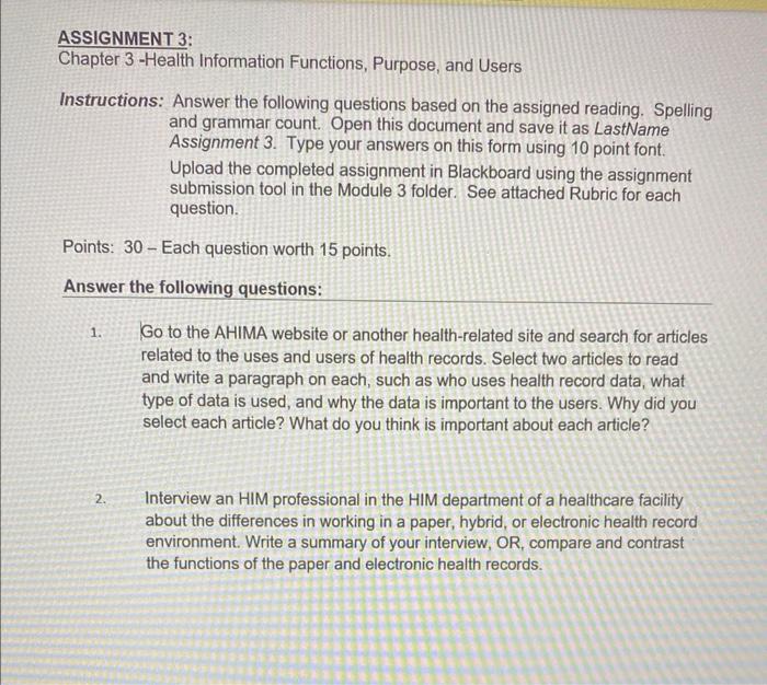 Solved ASSIGNMENT 3: Chapter 3 -Health Information | Chegg.com