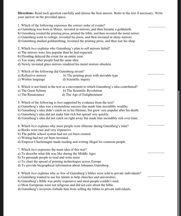 Summarizing Test Directions: Read each passage. | Chegg.com