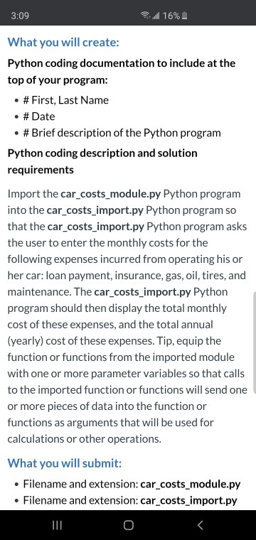 Import the car_costs_module.py Python program | Chegg.com