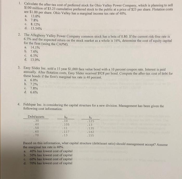 Solved a. 1. Calculate the after-tax cost of preferred stock 