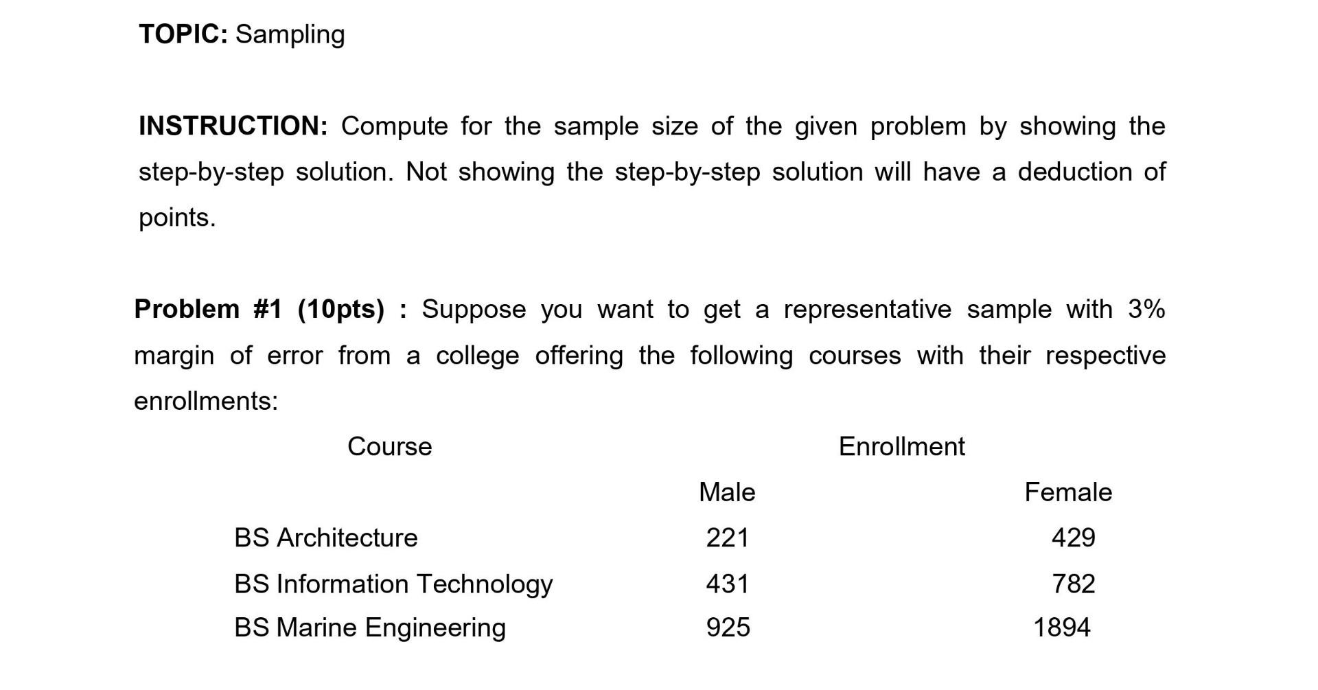 Solved TOPIC: Sampling INSTRUCTION: Compute for the sample | Chegg.com