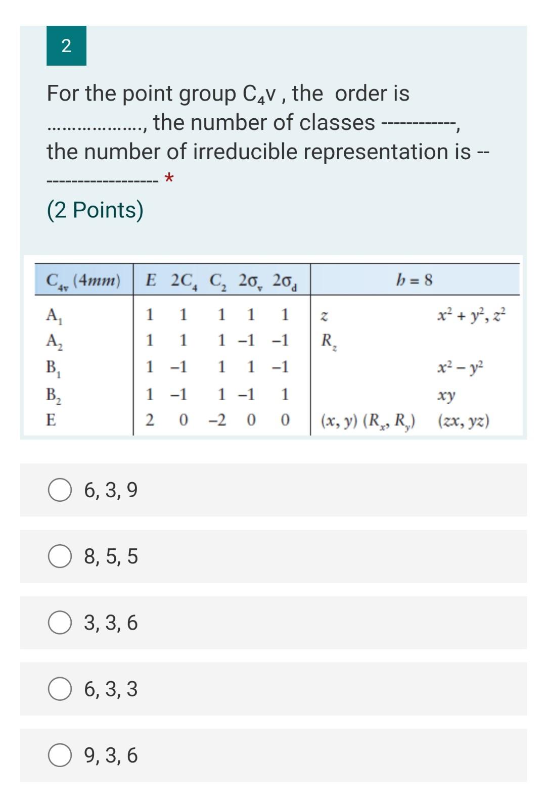 Solved 2 For The Point Group Cav The Order Is The Number Of Chegg Com