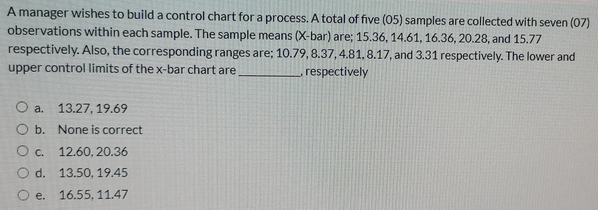 Solved A manager wishes to build a control chart for a | Chegg.com