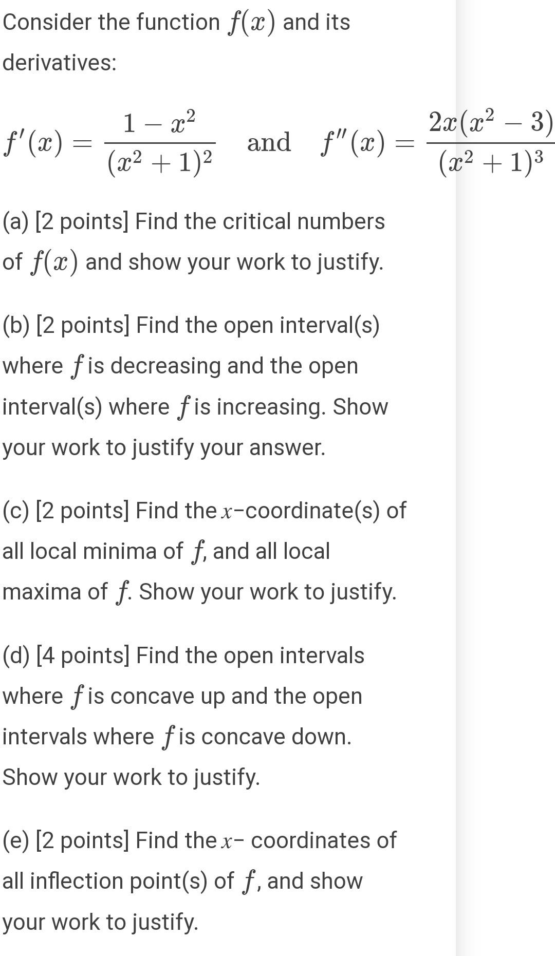 Solved Consider The Function F X And Its Derivatives