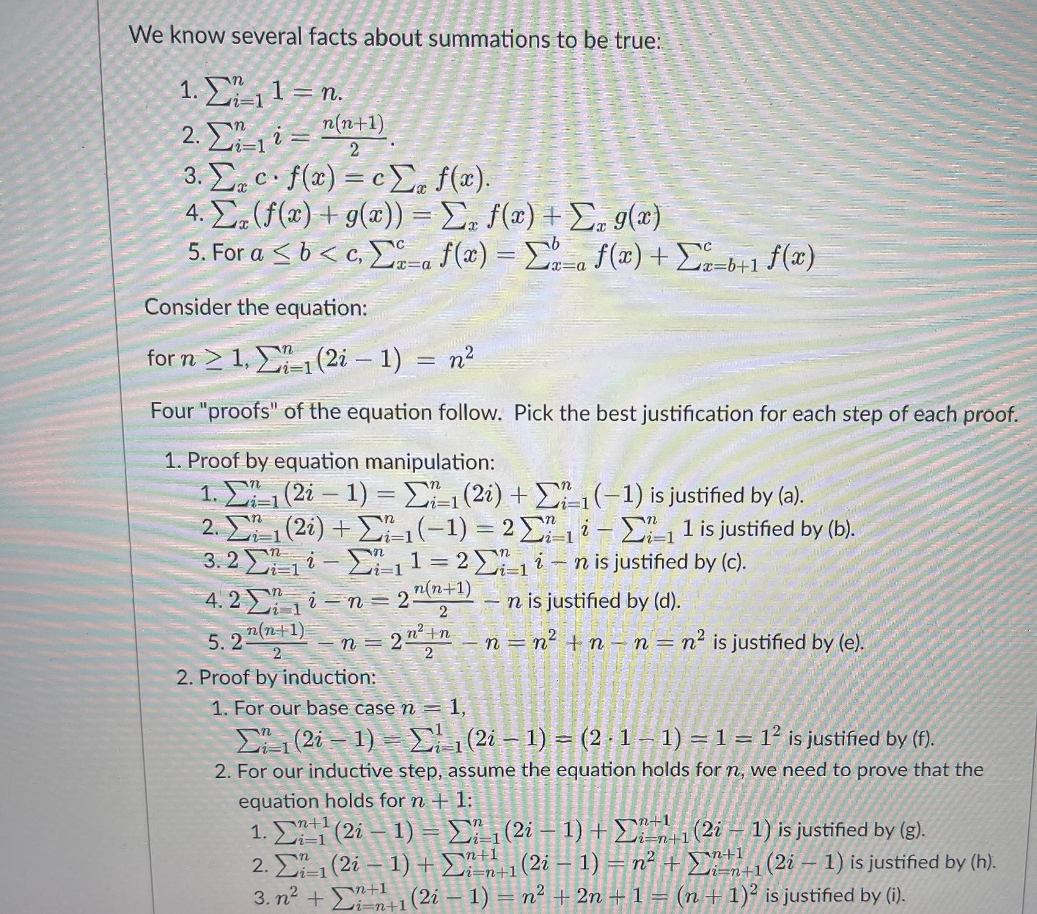 Solved We know several facts about summations to be | Chegg.com