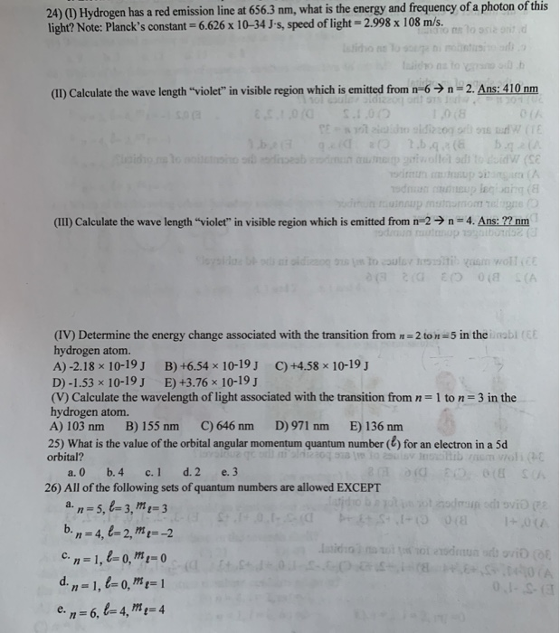 Solved 24) (1) Hydrogen has a red emission line at 656.3 nm, | Chegg.com