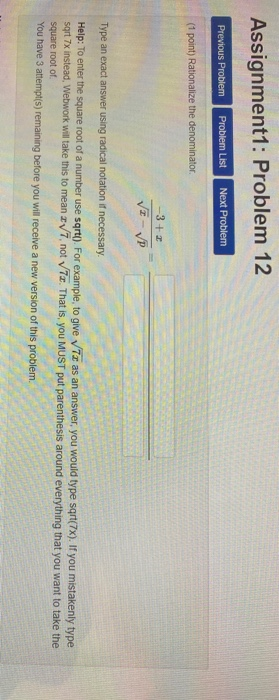 Solved Assignment1: Problem 12 Previous Problem Problem List | Chegg.com
