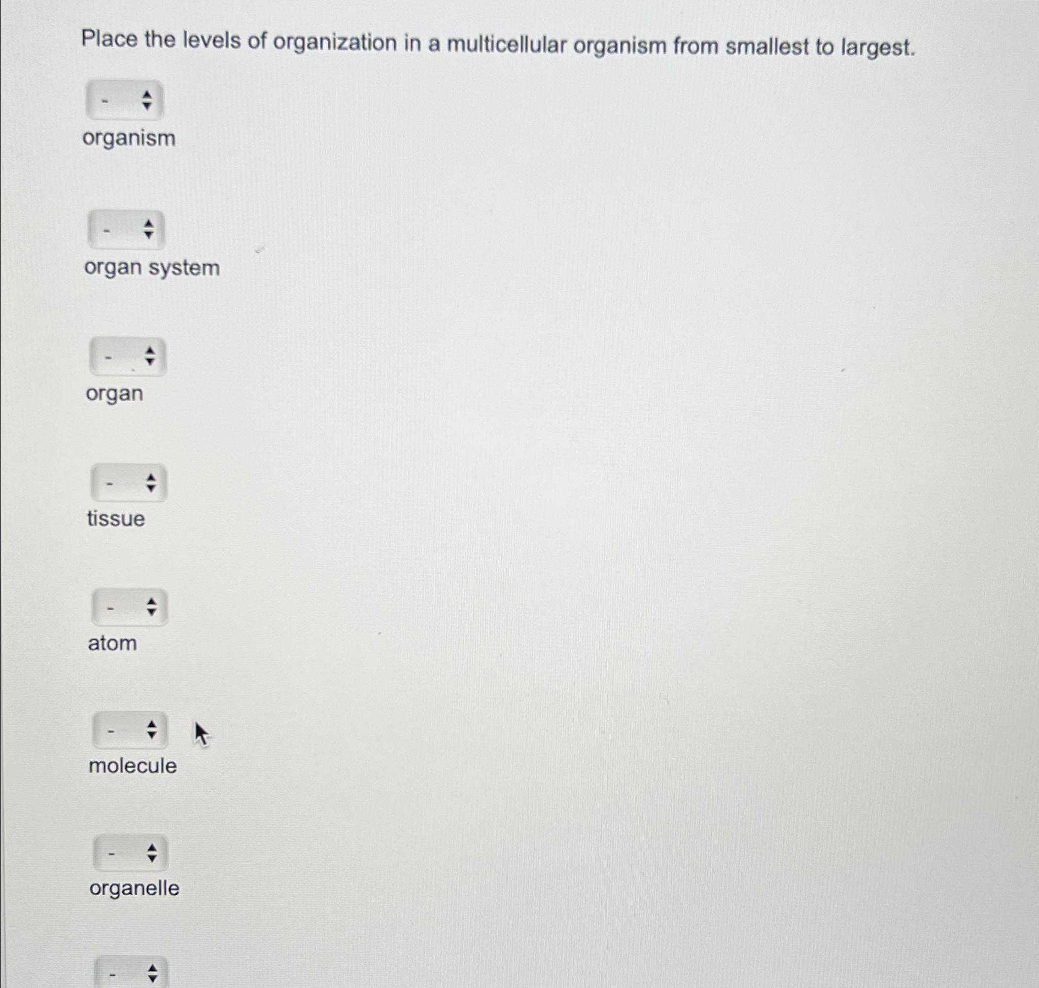 smallest to largest level of organization in an organism