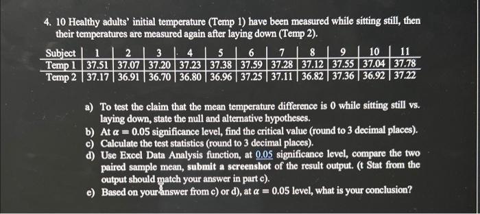 Solved 4. 10 Healthy adults' initial temperature (Temp 1) | Chegg.com