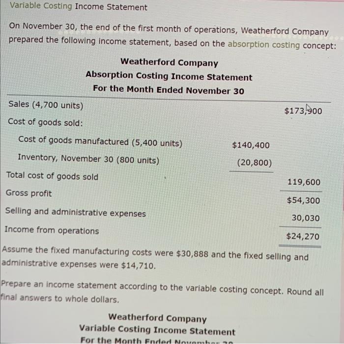 Solved Variable Costing StatementAssume the fixed