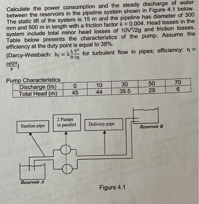 Calculate the power consumption and the steady discharge of water between the reservoirs in the pipeline system shown in Figu